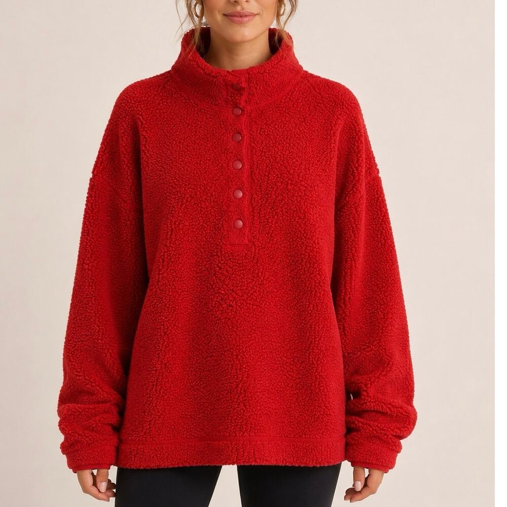 Aerie Sherpa Fleece Pullover XL red  Snap Neck Oversized Cozy Sweater winter
